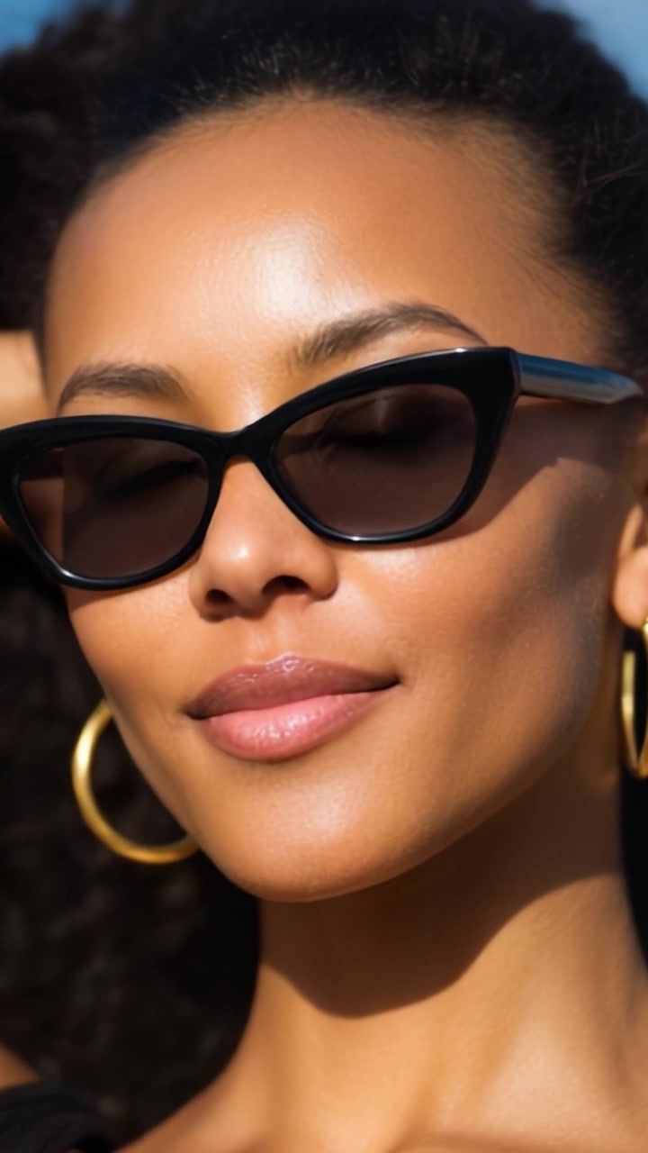 Donna alla moda con occhiali da sole cat-eye e orecchini a cerchio d'oro posa con sicurezza contro uno sfondo soleggiato, mettendo in mostra la sua pelle radiosa e il suo senso della moda