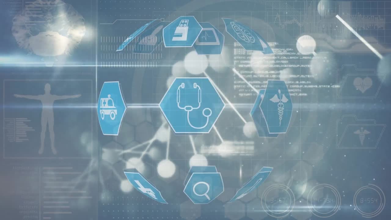 animación de adn, iconos rotativos y datos diversos sobre un fondo gris