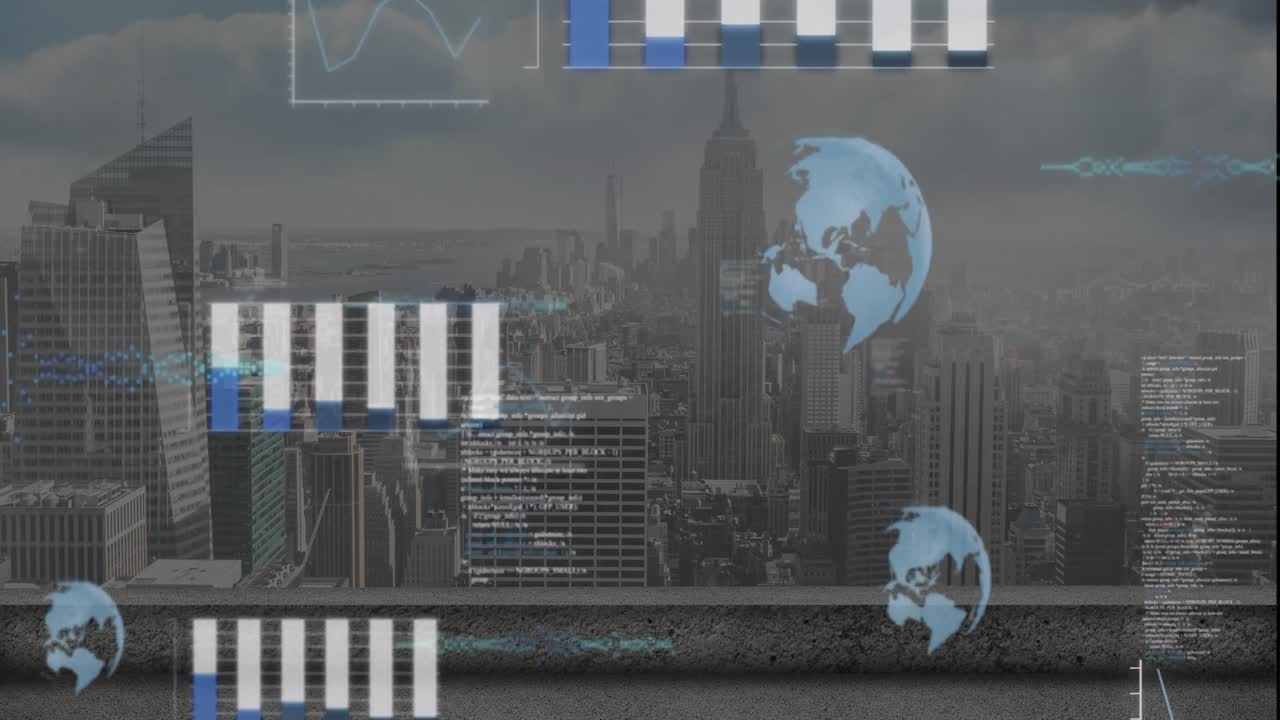 도시 풍경의 공중 전망에 대한 데이터 처리 애니메이션