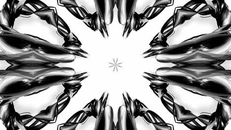 4k loop animation with black and white ribbons are twisted and form complex structures like symmetric ornament pattern or kaleidoscopic effect. seamless footage with luma matte as alpha channel. 49