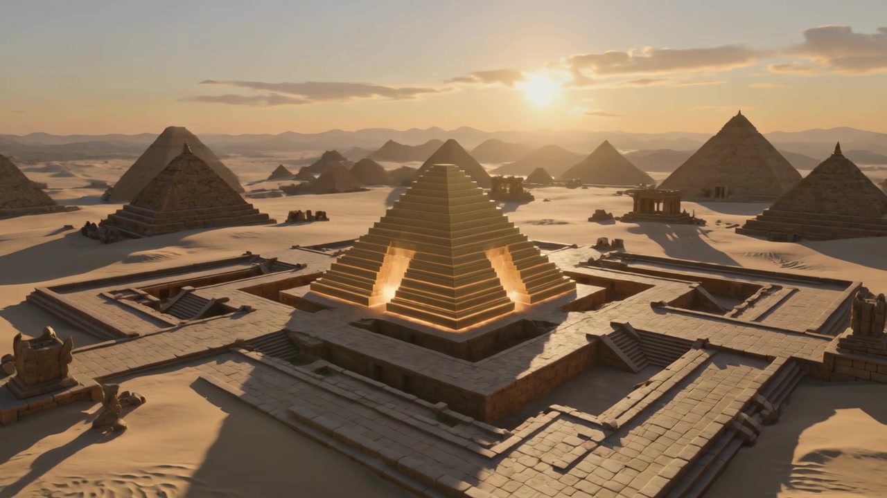 Dron se vzdaluje a snímá stupňovitý pyramidový komplex za nízkého slunce, odhalující zářící zapuštěné úrovně.