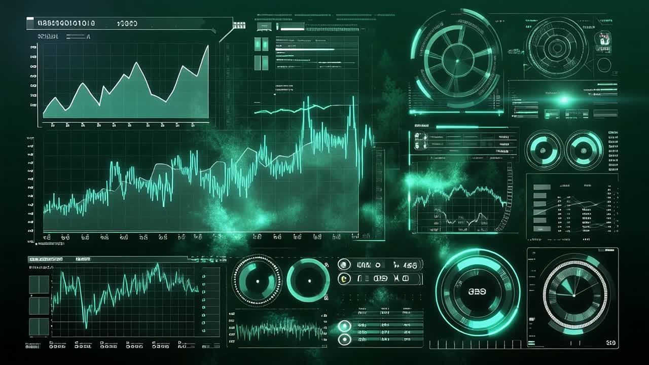 Futuristic Digital Interface Displaying Animated Data and Graphs