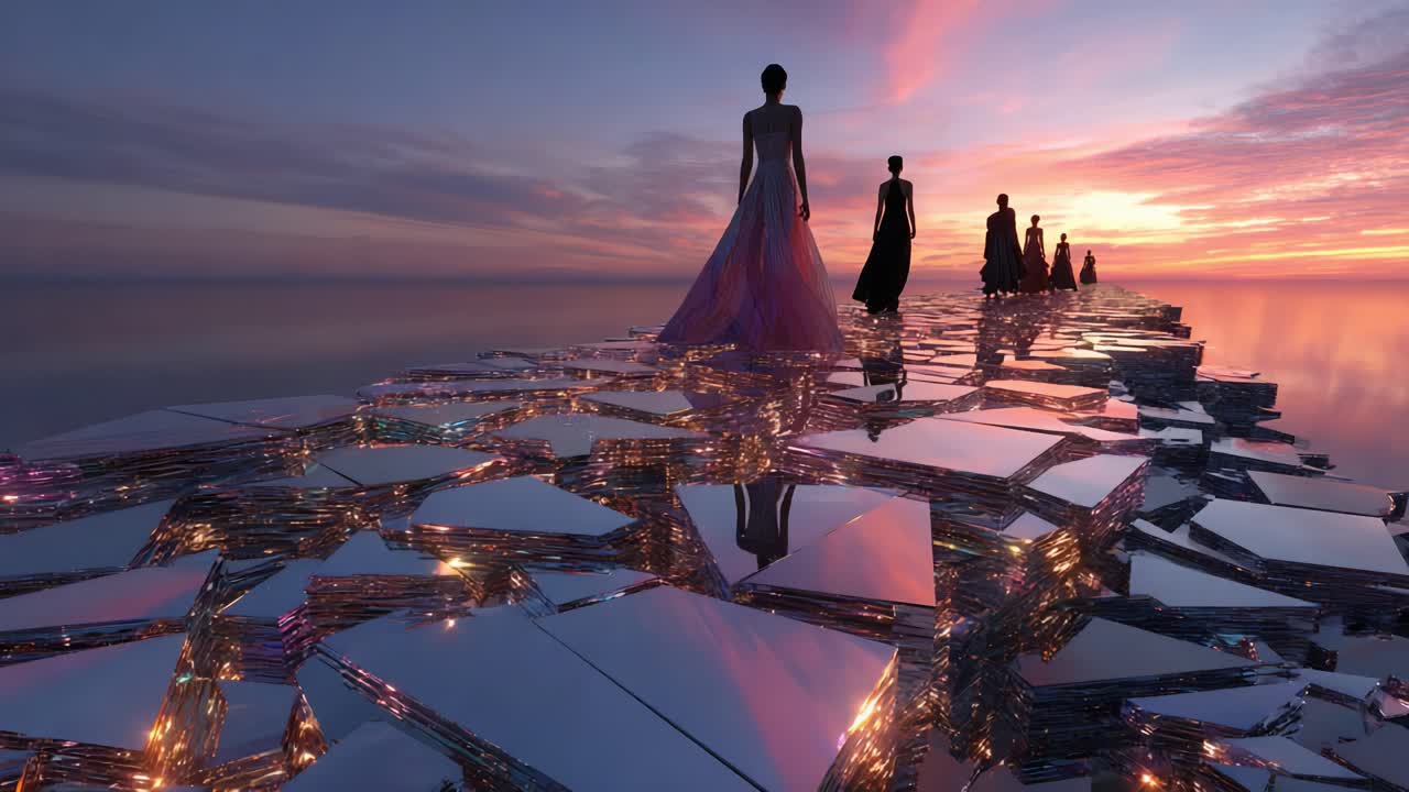 A stunning scene of graceful silhouettes walking along a reflective pathway made of mirrored shards, illuminating the serene atmosphere of a vibrant sunset behind them