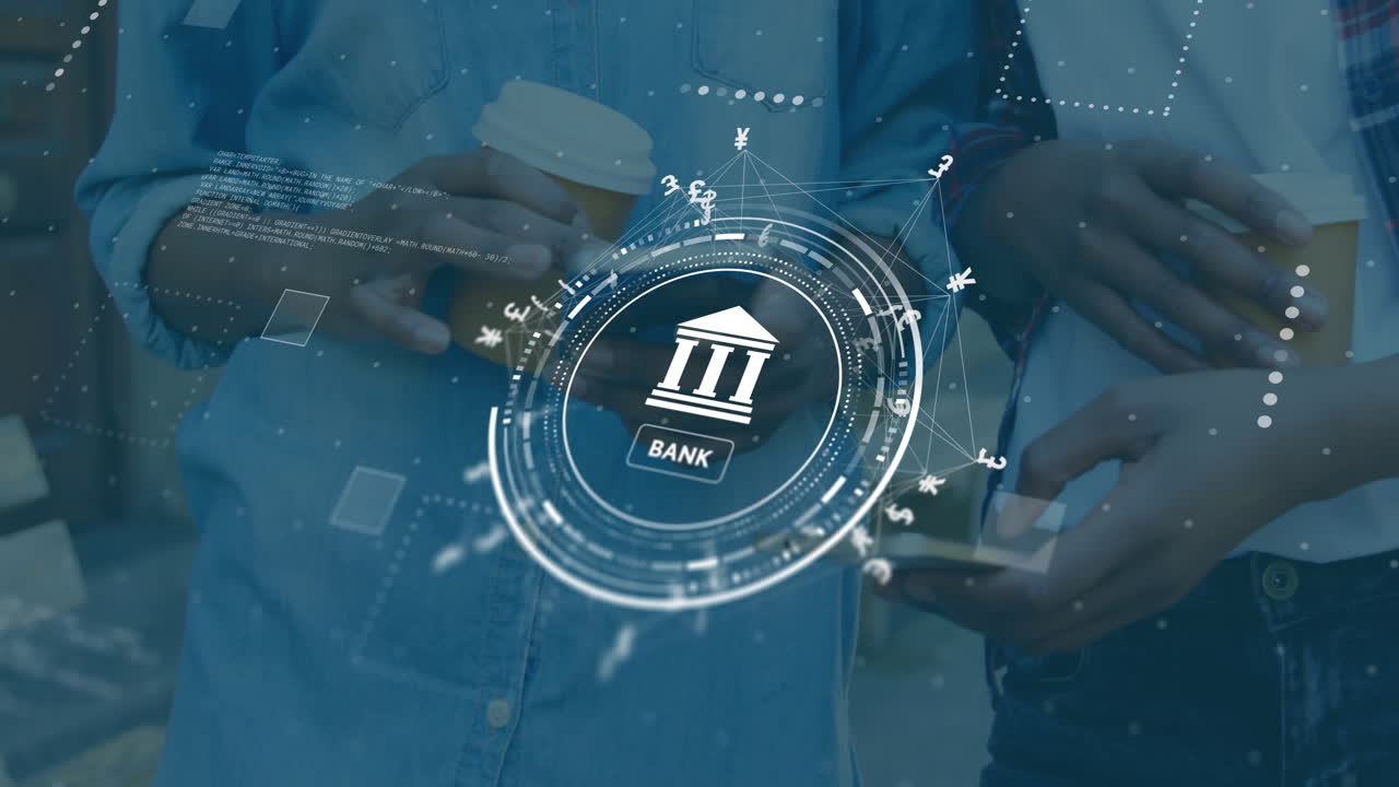 Animation of bank sign, network and data processing over caucasian man using smartphone