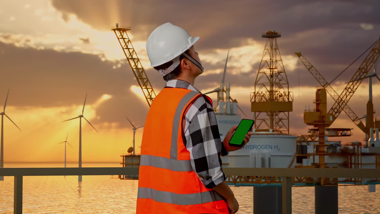 Back View Of Asian Male Engineer With Safety Helmet Working On A Green Screen Smartphone And Looking Around While Standing With Offshore Hydrogen Production