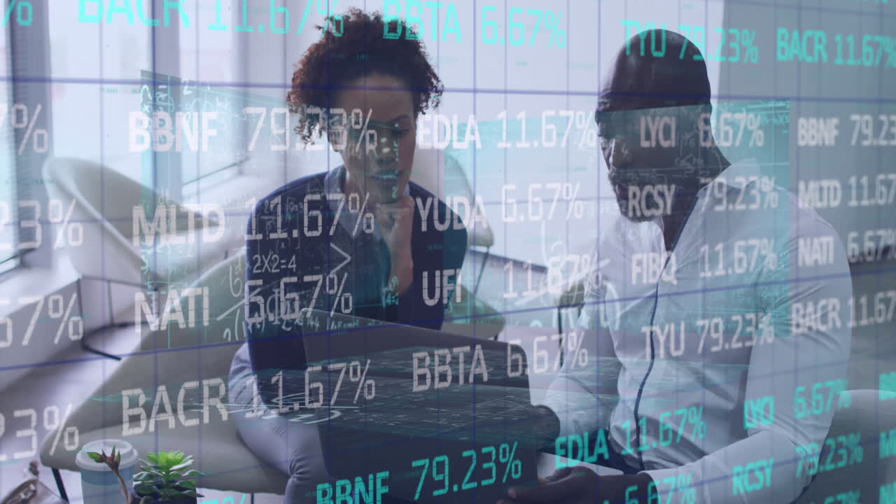 Animation of data processing over african american business people in office