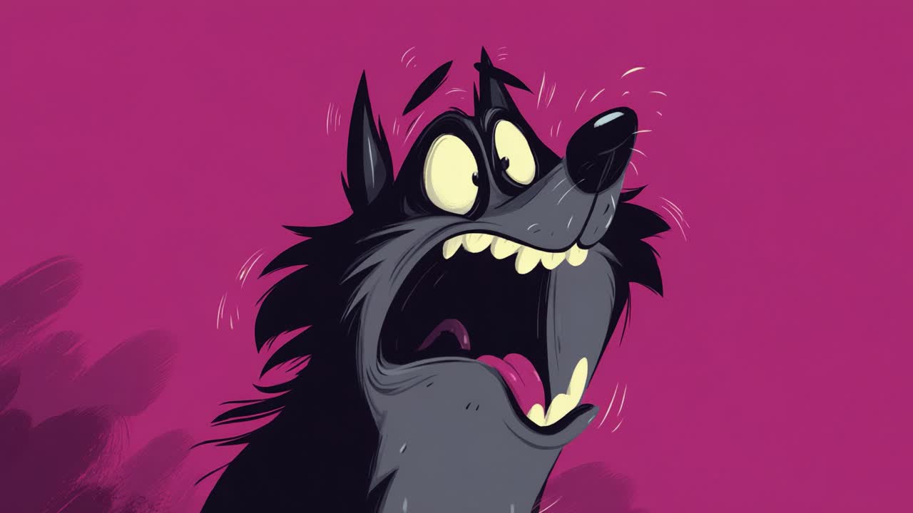 A startled animated wolf character, wide-eyed and mouth agape, expresses a dramatic and comedic reaction against a vibrant pink backdrop, capturing the essence of surprise and humor