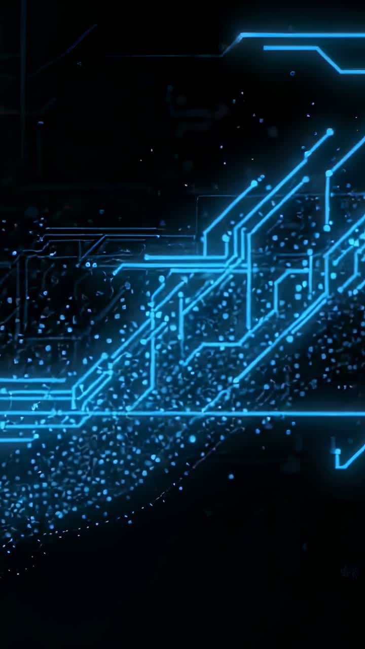 Vertical video: Bursting blue circuit network branching on grid while streaming particle points