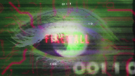 animación de texto de cortafuegos sobre ojo digital y fondo de código binario