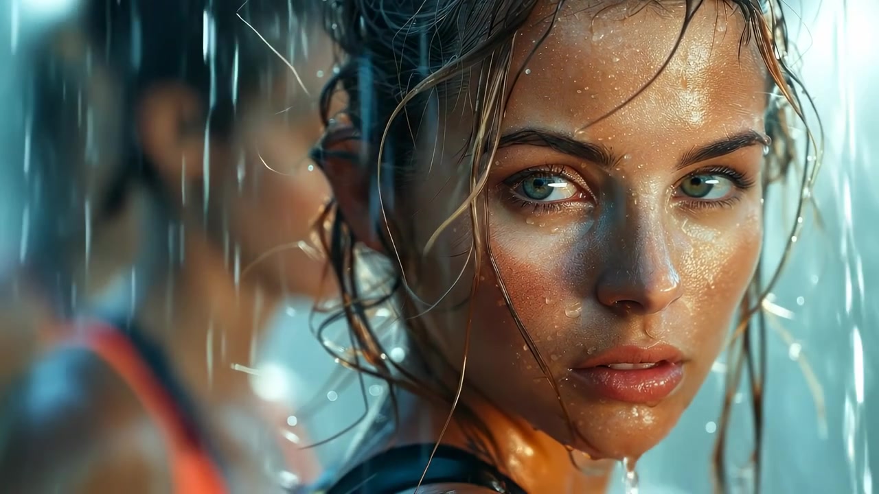 雨の中で振り返る濡れた女性のクローズアップポートレート。激しい雨の中、強い眼差しで振り返る濡れた女性の接写ポートレート。