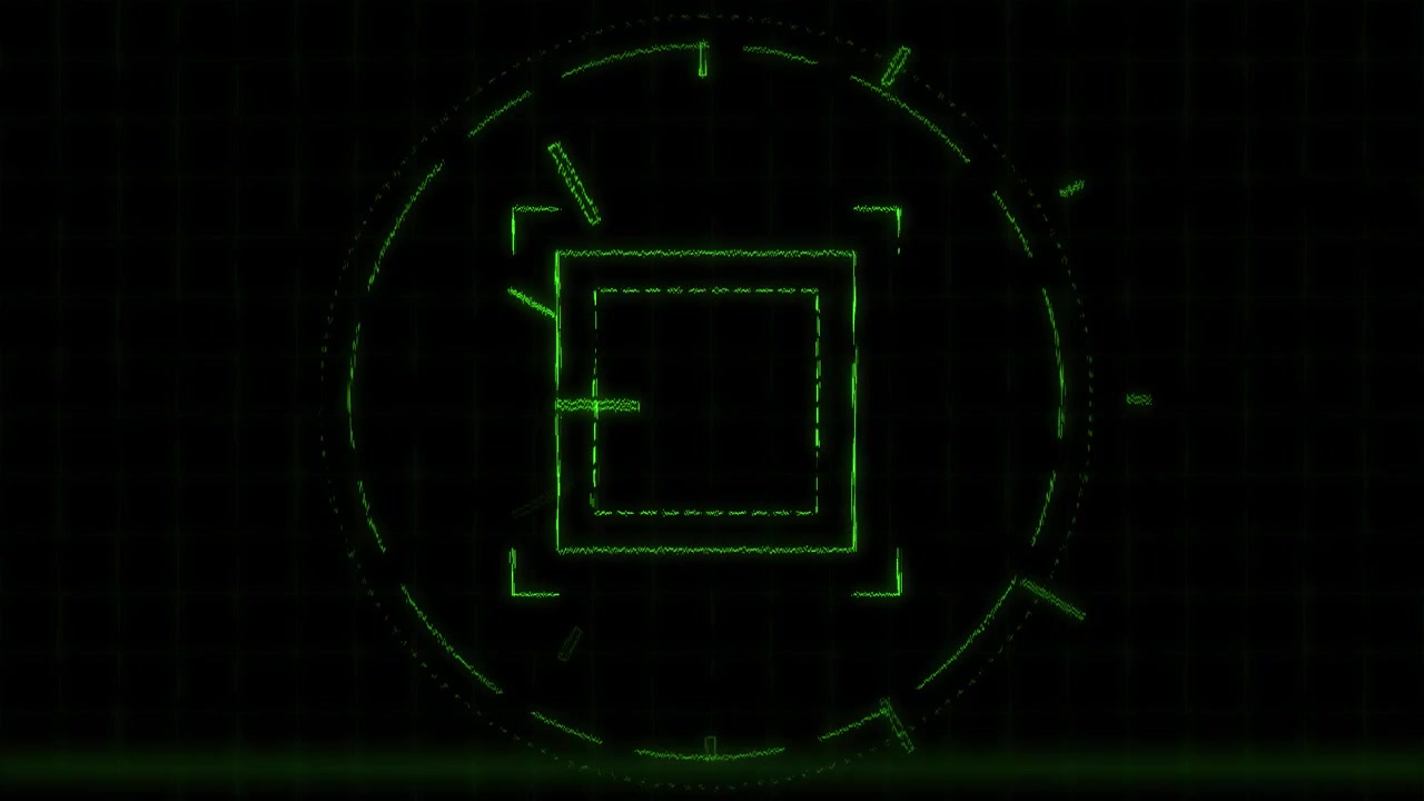 Digital Green HUD Interface With Rotating Geometric Elements