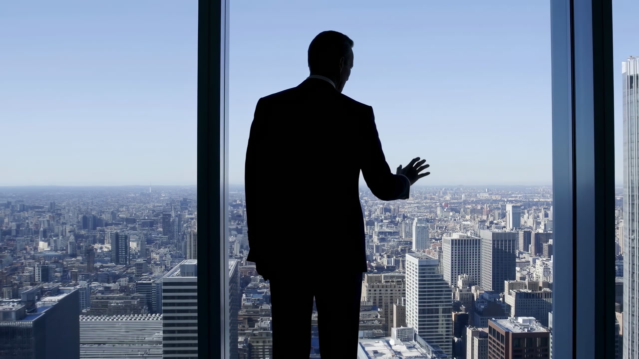 Silhouette Executive By Window, City Skyline In Highrise Office, Hands Near Glass, Gazing Over Downtown Towers