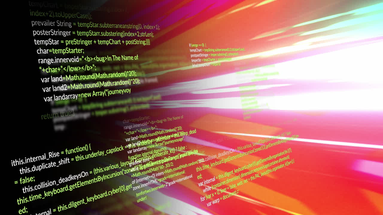 código de programación y procesamiento de datos sobre rayas de luz coloridas