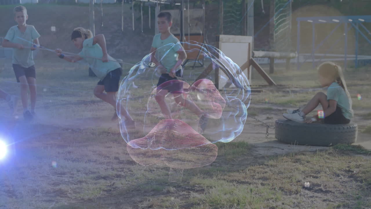 Running outdoors, children with transparent brain animation overlay in background