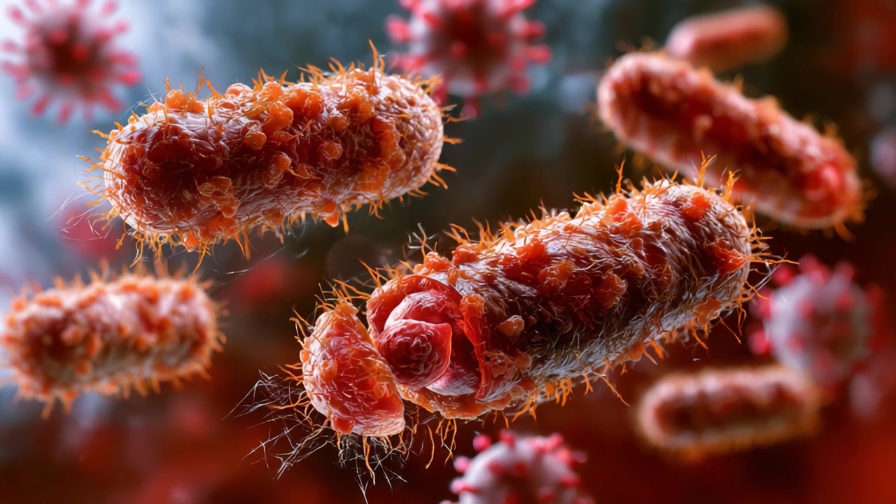 Visualizzazione microscopica di batteri: Un'analisi approfondita della struttura intricata e del comportamento di forme di vita microscopiche catturate con elevato dettaglio.
