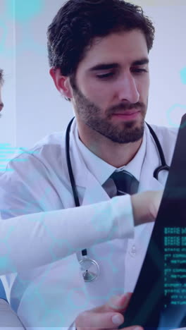 animation of caucasian doctors talking over data processing