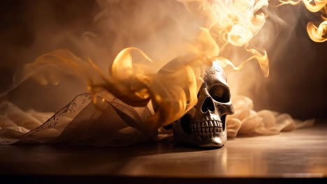 ornate skull with smoke and flames