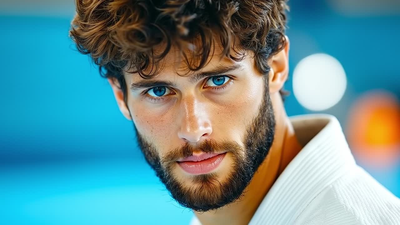 A man with curly hair and a beard wearing a white shirt