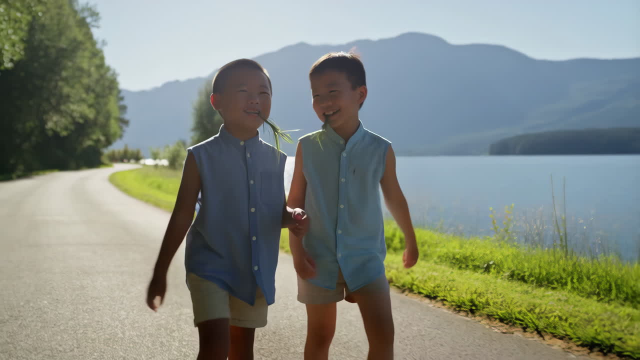 Happy Boys Walking by a Lake on a Sunny Day