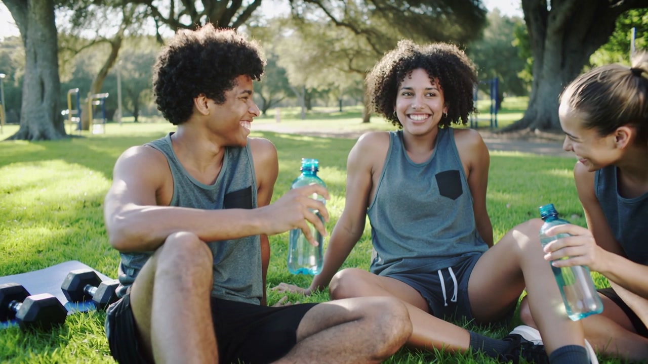 Offering man handing blue water bottle to rehydrate after workout at park wearing athletic clothes