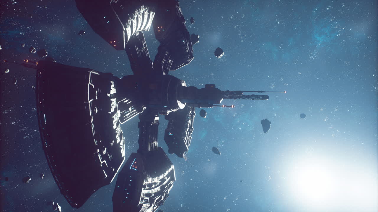 Spaceship navigating through asteroid field in deep space during exploration