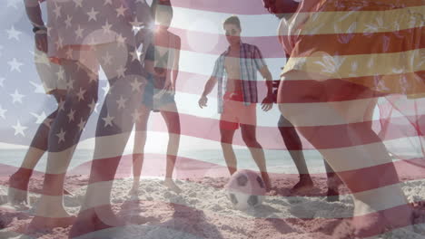 animation of flag of usa and light trails over diverse friends playing football on beach