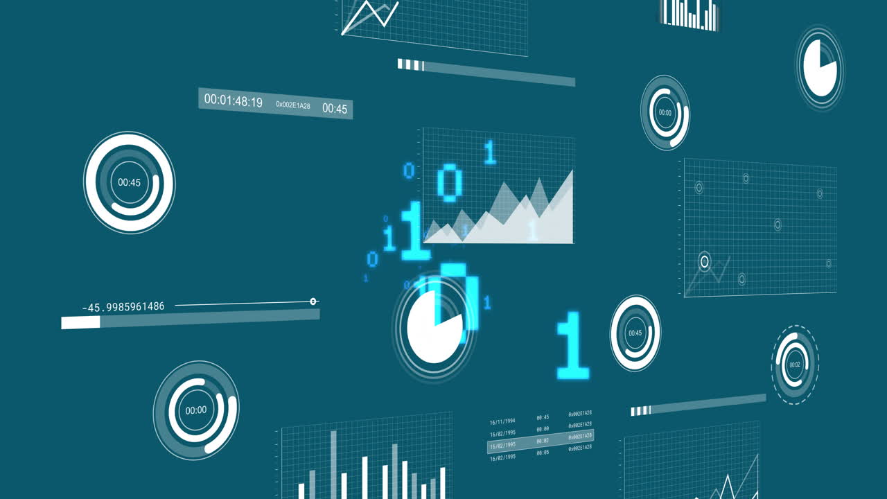 animación del procesamiento de datos a través de diagramas y codificación binaria