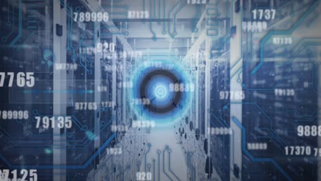 Animation-of-scope-scanning-numbers-changing-over-tech-room-with-computer-servers