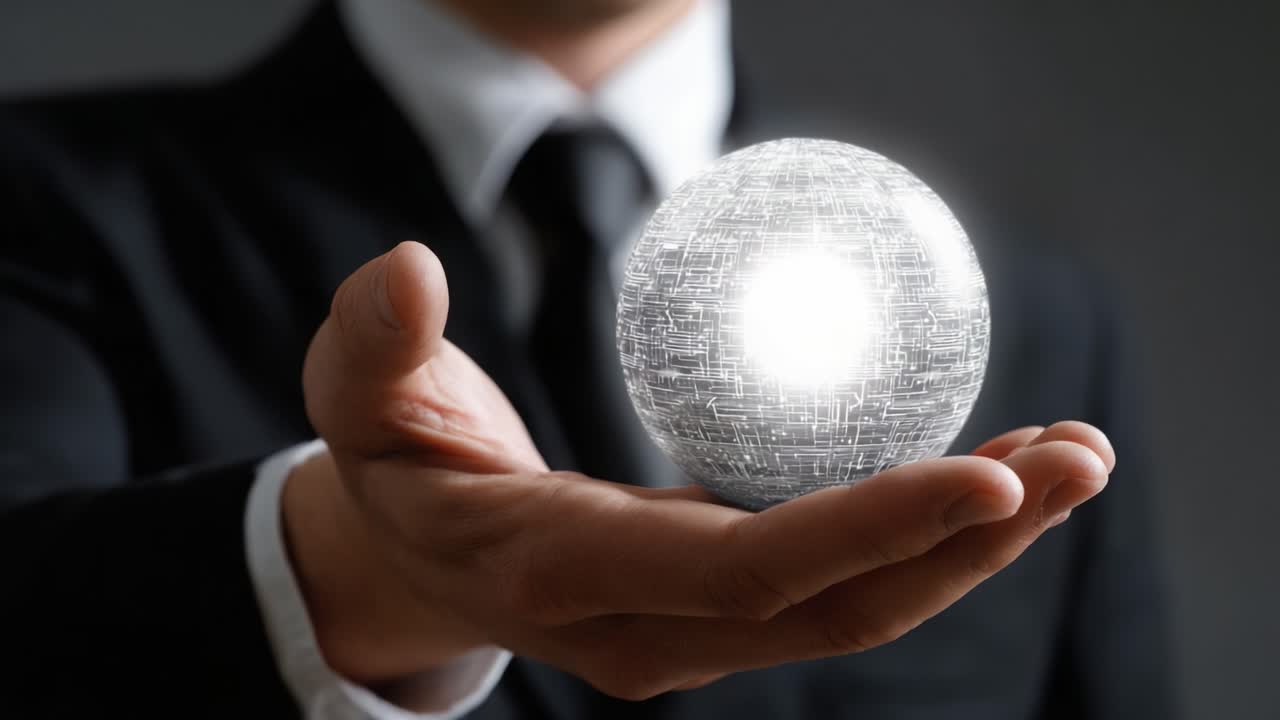 A Businessman's Hand Holds a Shimmering Digital Sphere, Emphasizing Technology and Innovation in a World Where Data and Connectivity Shape Our Future