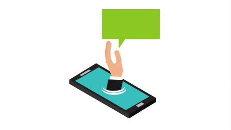 mano que emerge de una pantalla de teléfono inteligente con una burbuja de habla