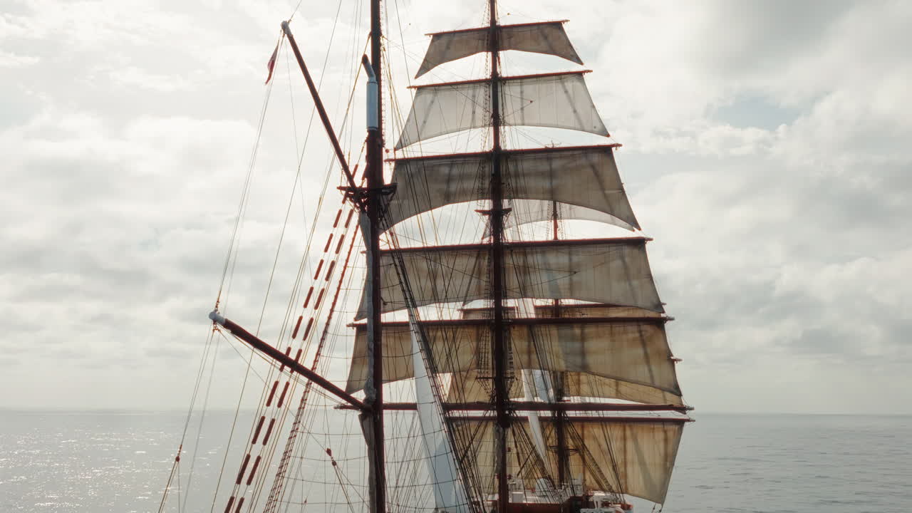 Aerial closeup of mast rigging supporting and controlling the masts and sails of a sailing vessel in Atlantic Ocean under cloudy sky