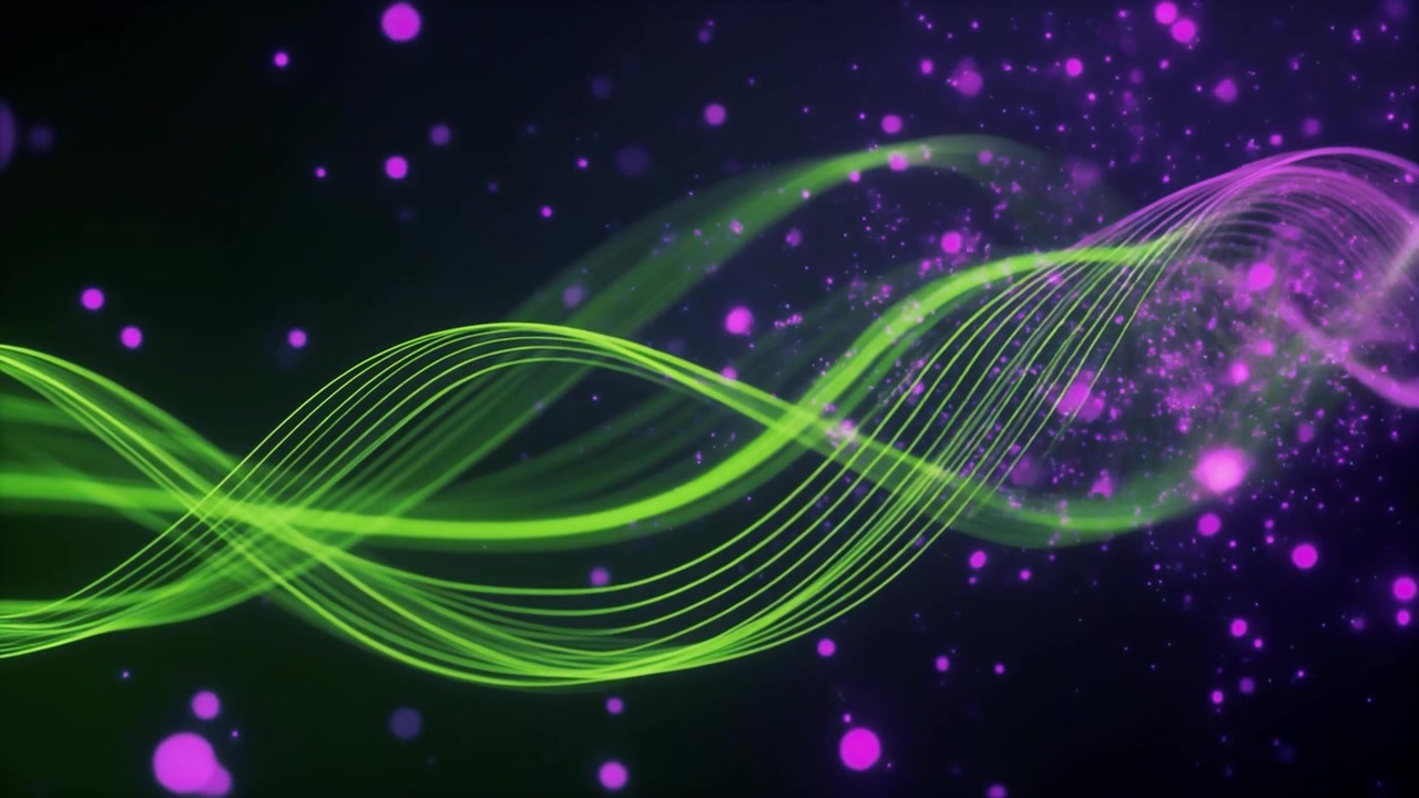 Linee di luce ondulate astratte verdi e viola con particelle fluttuanti