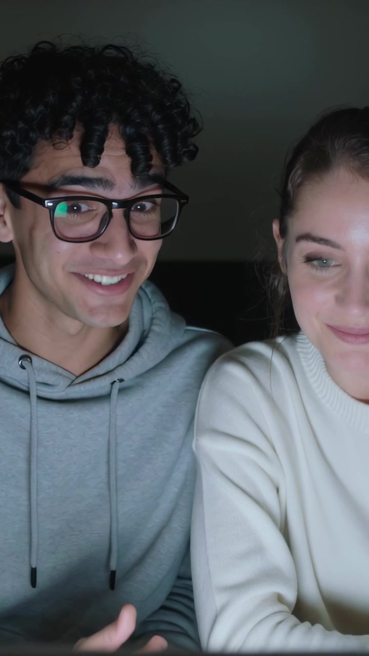 Vertical video: Smiling couple watching laptop glow at home, man gesturing, reacting to funny clip