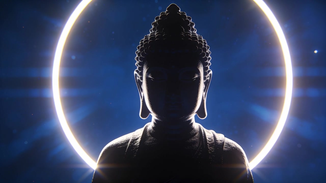 Busto di Buddha in piedi con aureola dalla luminosità mutevole su sfondo blu intenso, con bagliori dell'obiettivo.