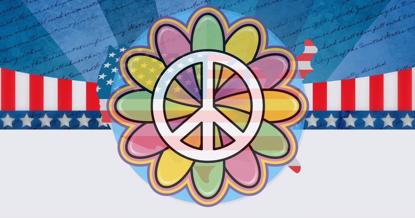 Animação de país colorido com a bandeira dos EUA sobre o símbolo da paz