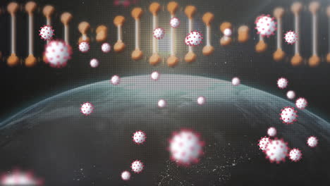 dna structure spinning and covid-19 cells moving against globe