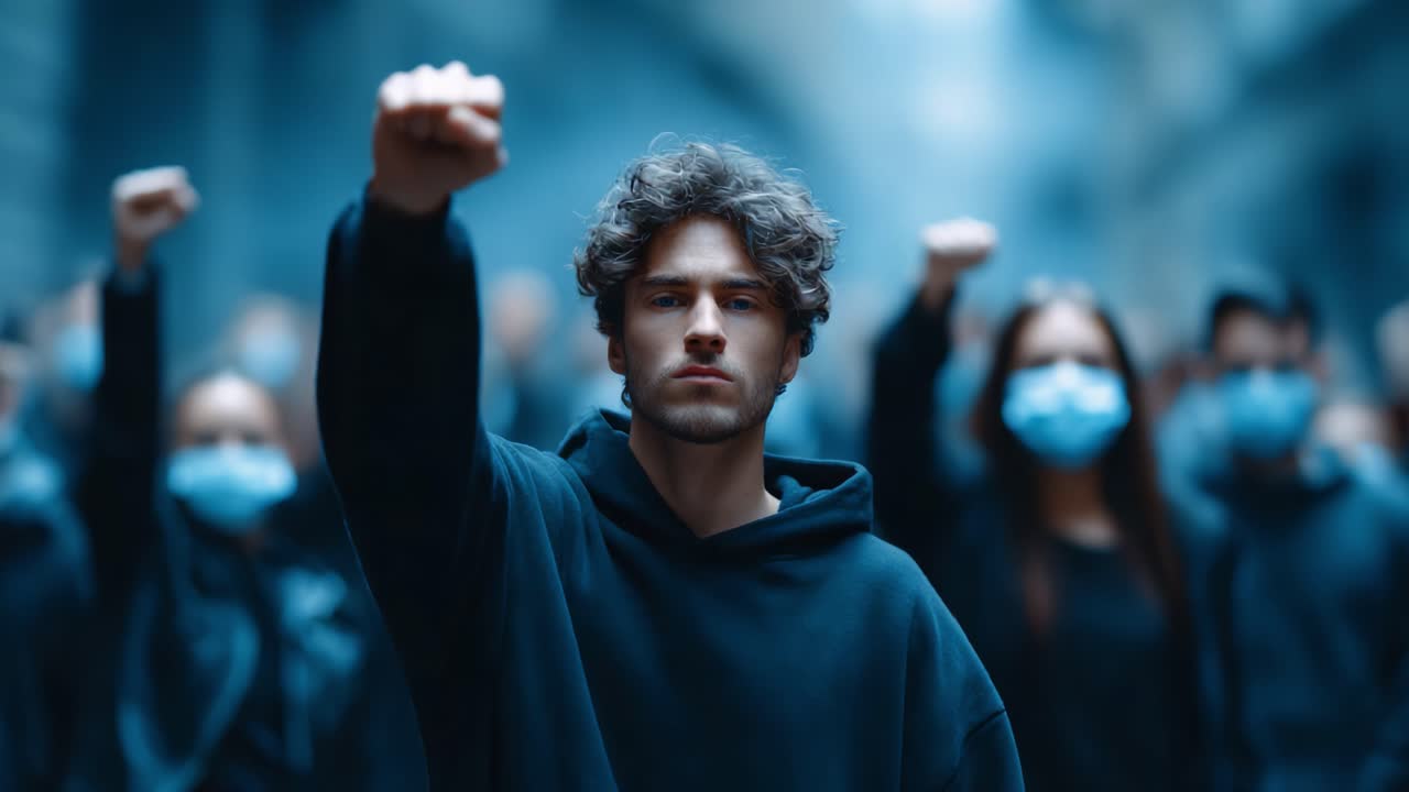 A Powerful Protest Scene: Individuals Raising Fists in Solidarity with Masks on, Highlighting Unity and Social Awareness in a Cohesive Movement Against Injustice