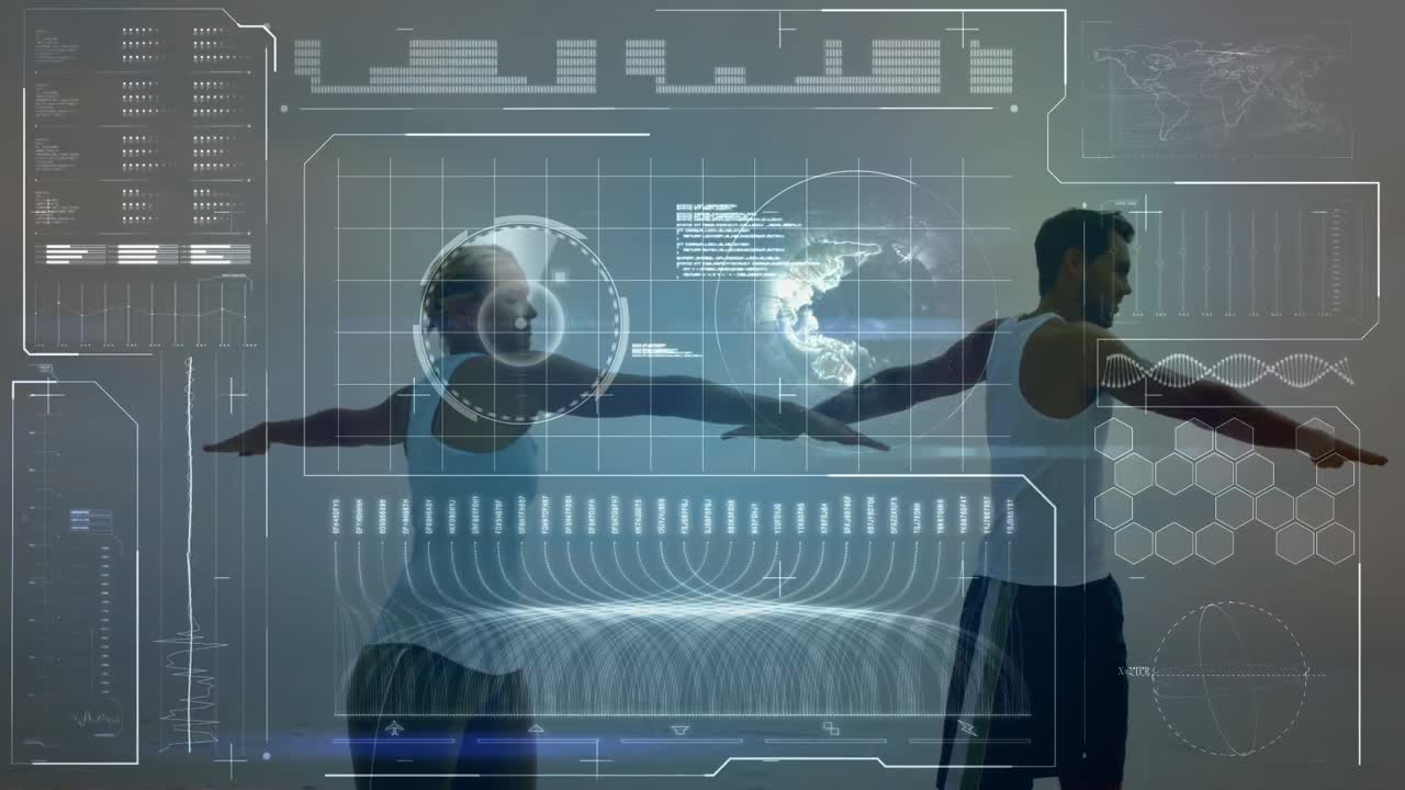 Animation of digital screen with data processing over caucasian woman and man practicing yoga