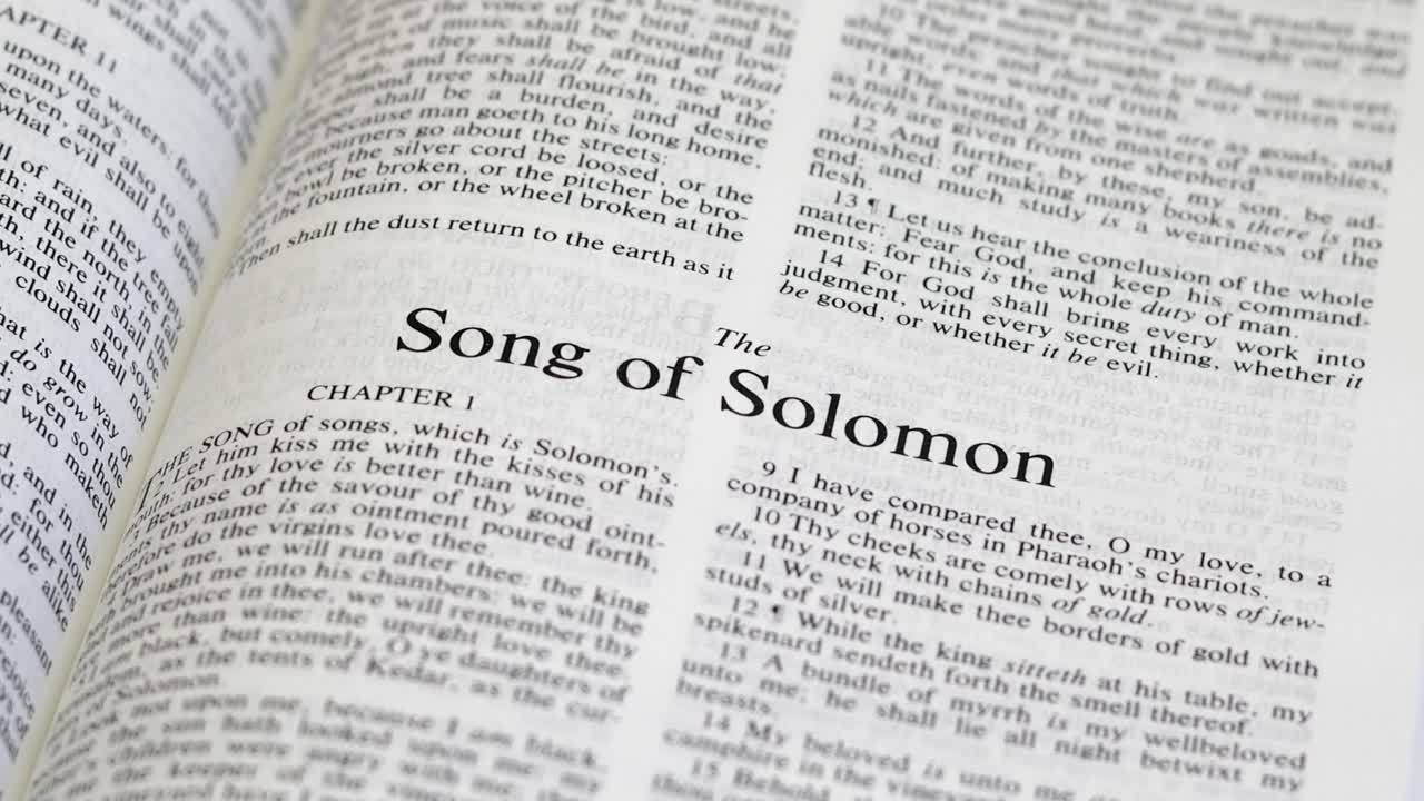 솔로몬의 노래로 넘어가는 성경 페이지의 클로즈업 샷