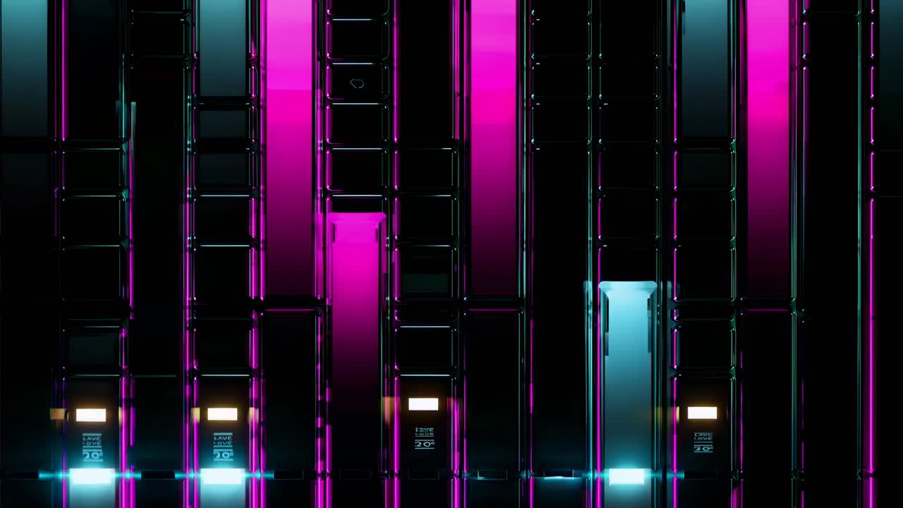Concept video futuristico con barre verticali illuminate al neon in rosa e blu