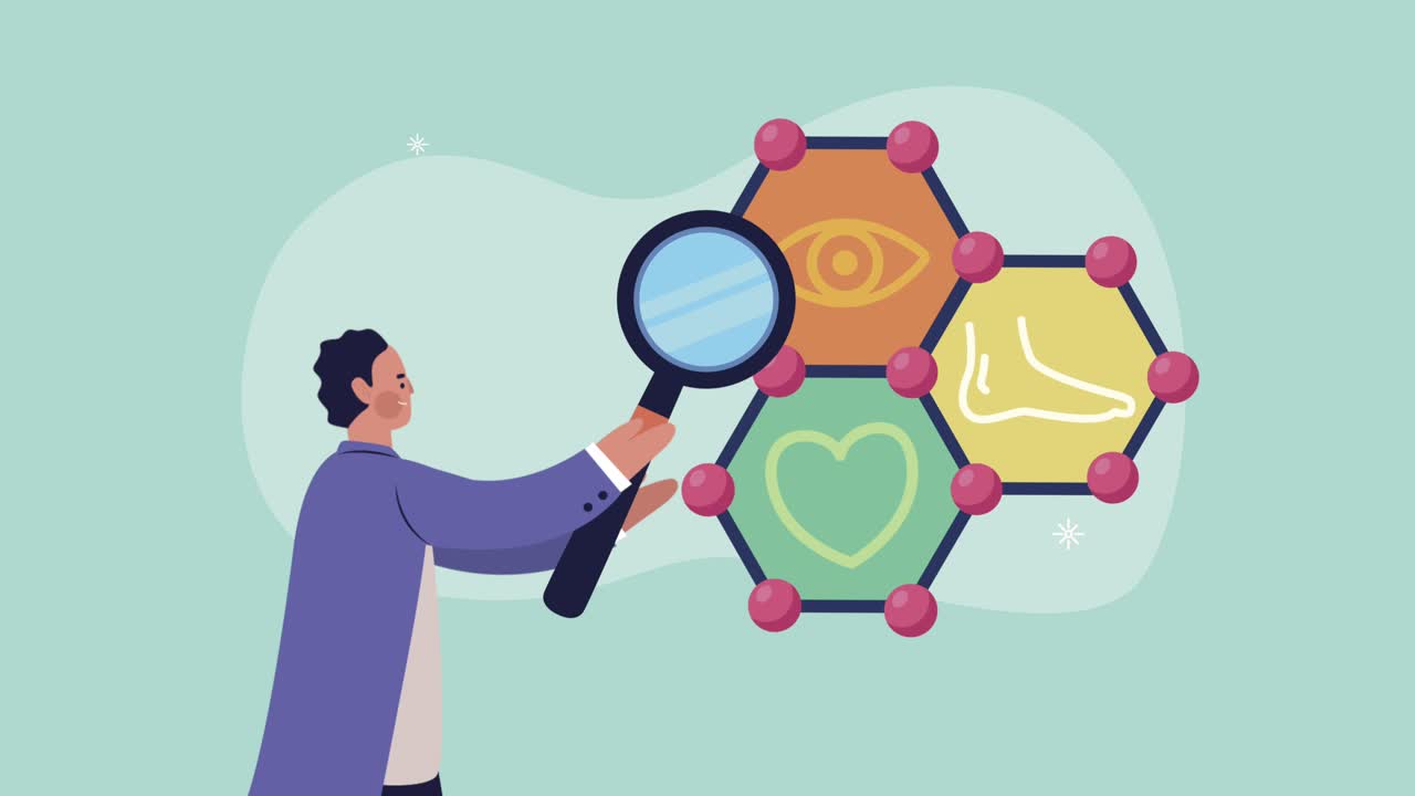 scientist with molecule structure and magnifying glass