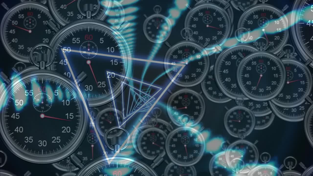 Triangle frame emerging at center sparking nested rotation, dials shifting to reveal focus