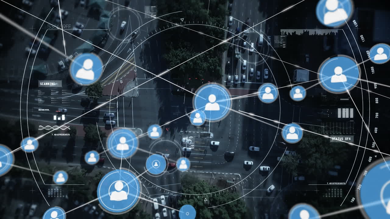 animación de la red de conexiones con iconos sobre el tráfico por carretera