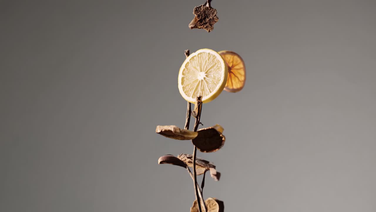 A minimalist video concept with floating autumn leaves captured from a low-angle, set