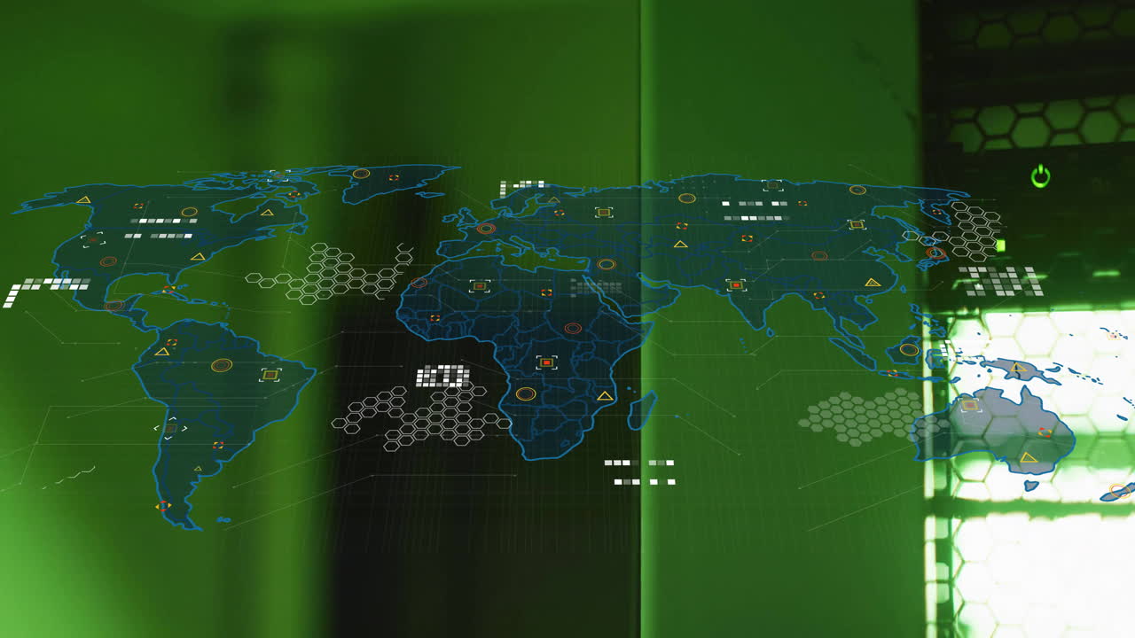 Animation of world map and digital data processing over computer servers