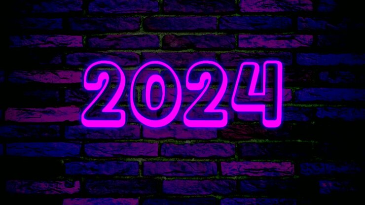 Neonlilla tal 2024 animationsgrafik på murstensvægbaggrund