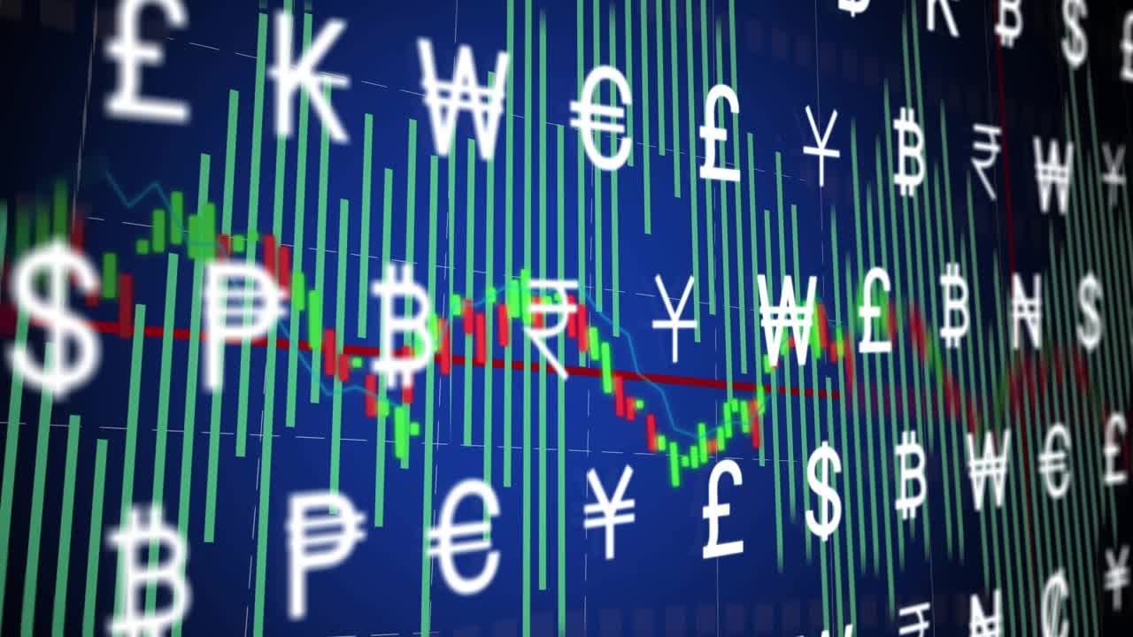 Close-up starting, causing pan, currency symbols drifting while price trace moving, showing markets