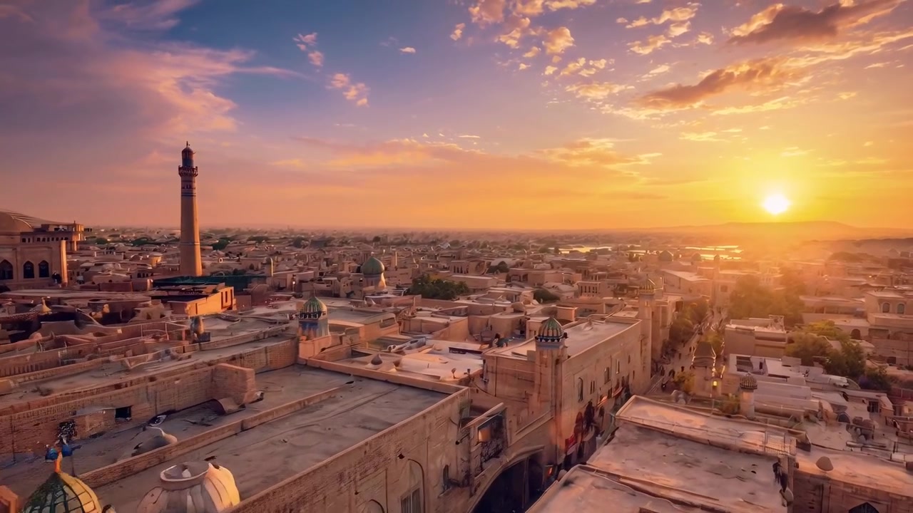 Veduta aerea di una città antica al tramonto
