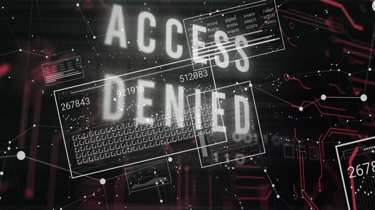 Animatie van 'toegang geweigerd'-tekst en digitale gegevensverwerking op een zwarte achtergrond