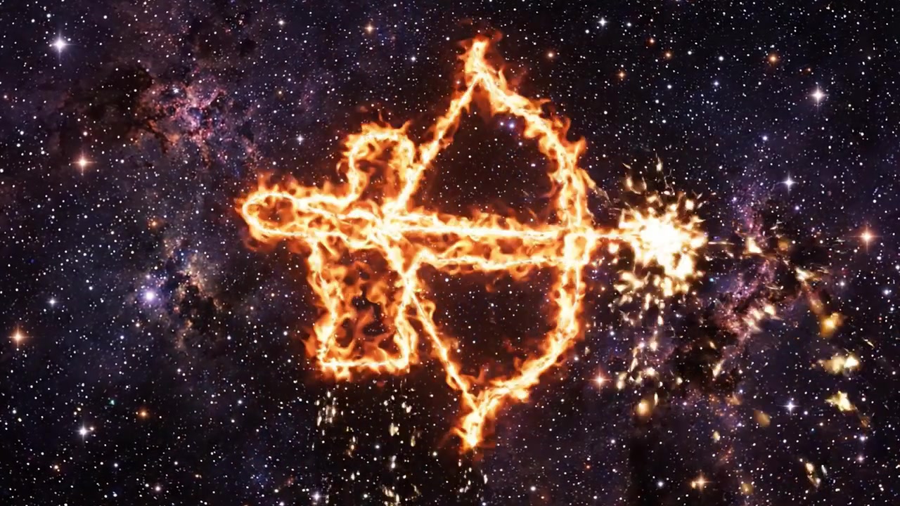 Una Danza Cosmica: Un'Intrigante Trasformazione da un'Esplosione Radiosa nello Spazio a un Simbolo Infuocato di Tiro con l'Arco Tra le Stelle.